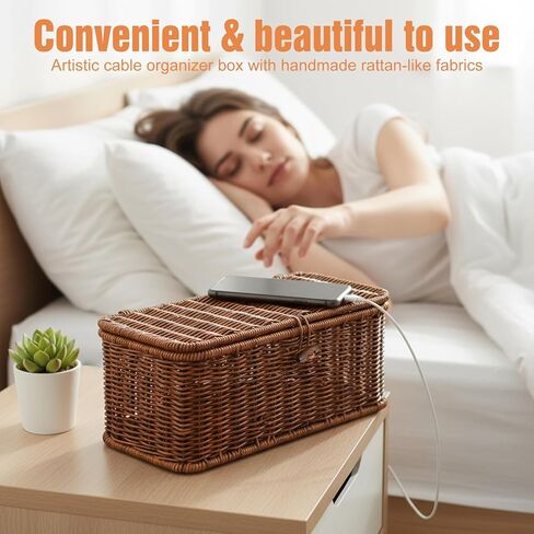 Cable Management Box Handmade Rattan Cable Organizer Stylish Hider Box with 2 Open Slots Desk Decorative Storage for Home Office Power Strips Cord Hider in Saudi Arabia