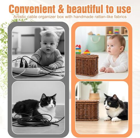 Cable Management Box Handmade Rattan Cable Organizer Stylish Hider Box with 2 Open Slots Desk Decorative Storage for Home Office Power Strips Cord Hider in Saudi Arabia