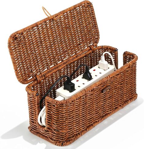 Cable Management Box Handmade Rattan Cable Organizer Stylish Hider Box with 2 Open Slots Desk Decorative Storage for Home Office Power Strips Cord Hider in Saudi Arabia