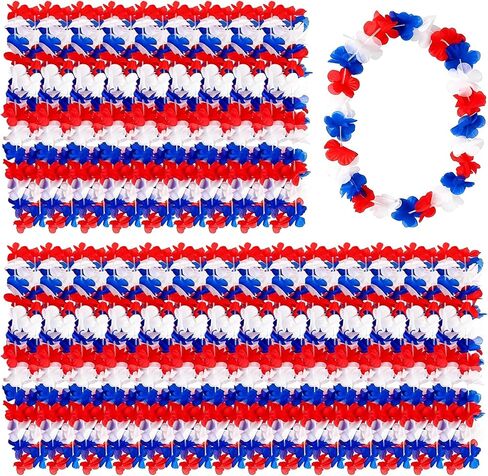24 Pcs 4th of July 250th Anniversary Lei Necklaces – Red White Blue Hawaiian Flower Leis for Independence Day Party Favors, Memorial Day, BBQ, and Patriotic Celebration Supplies in Saudi Arabia