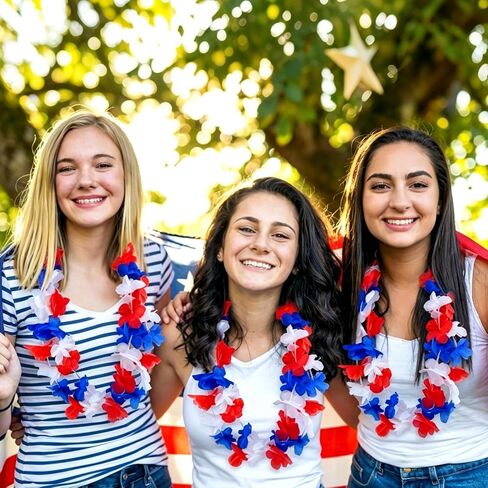 24 Pcs 4th of July 250th Anniversary Lei Necklaces – Red White Blue Hawaiian Flower Leis for Independence Day Party Favors, Memorial Day, BBQ, and Patriotic Celebration Supplies in Saudi Arabia