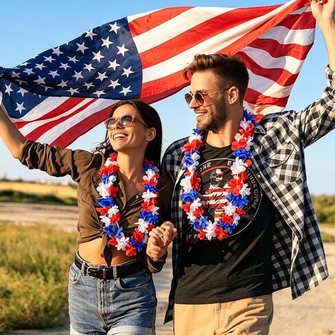 24 Pcs 4th of July 250th Anniversary Lei Necklaces – Red White Blue Hawaiian Flower Leis for Independence Day Party Favors, Memorial Day, BBQ, and Patriotic Celebration Supplies in Saudi Arabia