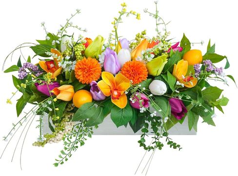 Artificial Tulip & Dahlia Table Centerpiece Lifelike Faux Flowers with Decorative Lemons & Greenery, Spring & Summer Tabletop Decor for Dining Room, Kitchen Island, Coffee Table, Weddings & Home in Saudi Arabia