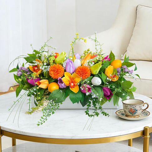 Artificial Tulip & Dahlia Table Centerpiece Lifelike Faux Flowers with Decorative Lemons & Greenery, Spring & Summer Tabletop Decor for Dining Room, Kitchen Island, Coffee Table, Weddings & Home in Saudi Arabia