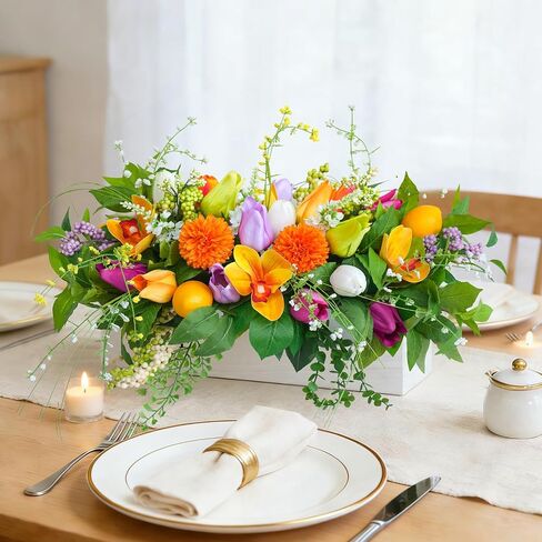 Artificial Tulip & Dahlia Table Centerpiece Lifelike Faux Flowers with Decorative Lemons & Greenery, Spring & Summer Tabletop Decor for Dining Room, Kitchen Island, Coffee Table, Weddings & Home in Saudi Arabia
