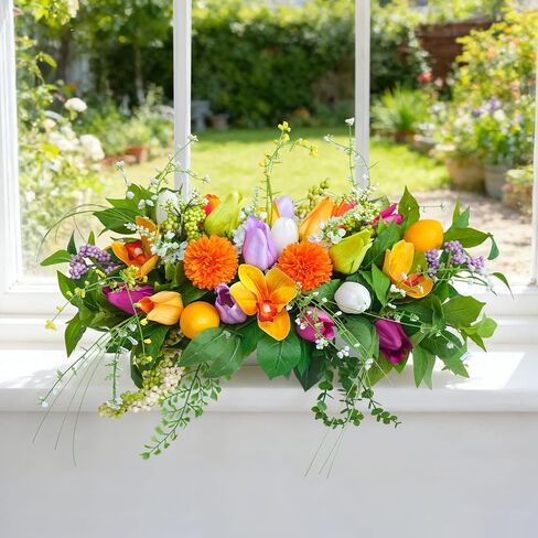 Artificial Tulip & Dahlia Table Centerpiece Lifelike Faux Flowers with Decorative Lemons & Greenery, Spring & Summer Tabletop Decor for Dining Room, Kitchen Island, Coffee Table, Weddings & Home in Saudi Arabia