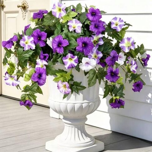 2-Pcs Petunias Artificial Flowers UV Resistant Realistic Faux Silk Artificial Fake Flowers Plants Decorations for the indoor courtyard porch and balcony Faux Petunias Silk Flower(Purple White) in Saudi Arabia