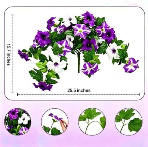 2-Pcs Petunias Artificial Flowers UV Resistant Realistic Faux Silk Artificial Fake Flowers Plants Decorations for the indoor courtyard porch and balcony Faux Petunias Silk Flower(Purple White) in Saudi Arabia
