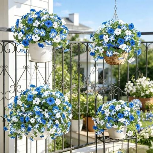 2-Pcs Petunias Artificial Flowers UV Resistant Realistic Faux Silk Artificial Fake Flowers Plants Decorations for the indoor courtyard porch and balcony Faux Petunias Silk Flower(Purple White) in Saudi Arabia
