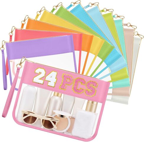 Sweetude 24 Pcs Clear Makeup Bags with Wristlet Bag DIY Chenille Letter Bag Bulk Waterproof Toiletry Bag Flat Preppy Nylon Clear Zipper Pouches Snack Organizer for Women in Saudi Arabia
