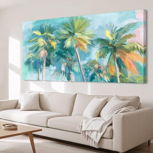 Azatyam Tropical Palm Tree Canvas Wall Art Teal Pink Coastal Landscape Painting Prints Summer Beach Scene Art Wall Decor Nature Seascape Artwork for Bathroom Living Room Beachy Room Decorarion 20"x40" in Kuwait