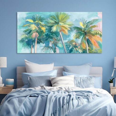 Azatyam Tropical Palm Tree Canvas Wall Art Teal Pink Coastal Landscape Painting Prints Summer Beach Scene Art Wall Decor Nature Seascape Artwork for Bathroom Living Room Beachy Room Decorarion 20"x40" in Kuwait