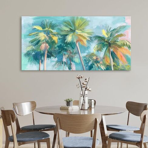 Azatyam Tropical Palm Tree Canvas Wall Art Teal Pink Coastal Landscape Painting Prints Summer Beach Scene Art Wall Decor Nature Seascape Artwork for Bathroom Living Room Beachy Room Decorarion 20"x40" in Kuwait