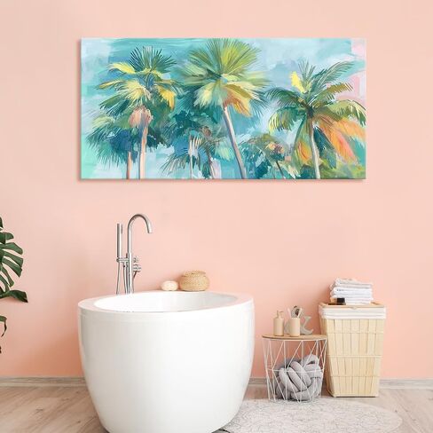 Azatyam Tropical Palm Tree Canvas Wall Art Teal Pink Coastal Landscape Painting Prints Summer Beach Scene Art Wall Decor Nature Seascape Artwork for Bathroom Living Room Beachy Room Decorarion 20"x40" in Kuwait