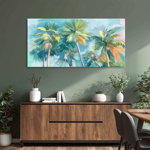 Azatyam Tropical Palm Tree Canvas Wall Art Teal Pink Coastal Landscape Painting Prints Summer Beach Scene Art Wall Decor Nature Seascape Artwork for Bathroom Living Room Beachy Room Decorarion 20"x40" in Kuwait