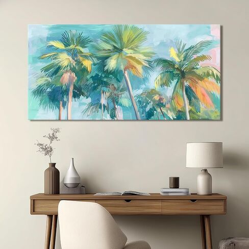 Azatyam Tropical Palm Tree Canvas Wall Art Teal Pink Coastal Landscape Painting Prints Summer Beach Scene Art Wall Decor Nature Seascape Artwork for Bathroom Living Room Beachy Room Decorarion 20"x40" in Kuwait