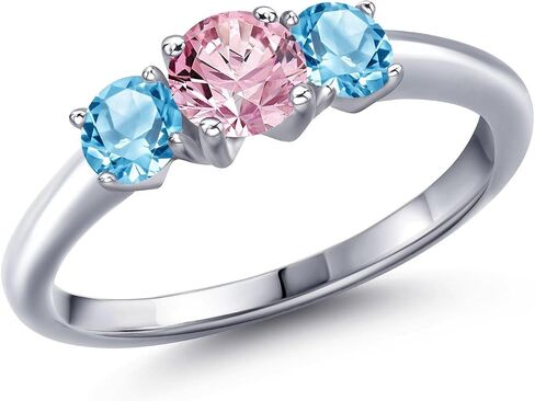 Gem Stone King 1.21 Cttw Pink Lab Grown Diamond and Swiss Blue Topaz 3-Stone Engagement Ring For Women | 925 Sterling Silver | Round 5MM | Gemstone Birthstone | Size 5, 6, 7, 8, 9 in Kuwait