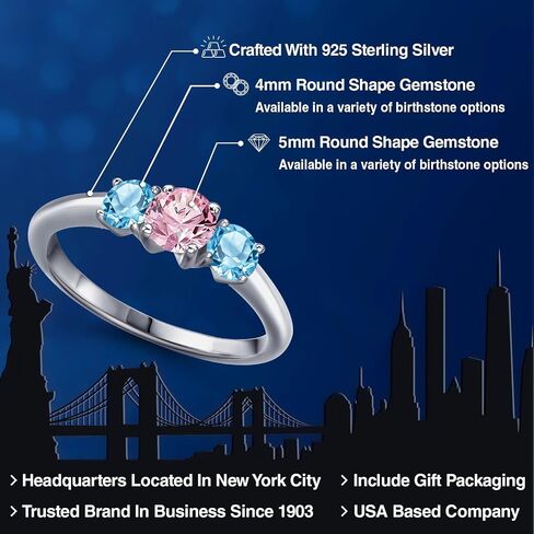 Gem Stone King 1.21 Cttw Pink Lab Grown Diamond and Swiss Blue Topaz 3-Stone Engagement Ring For Women | 925 Sterling Silver | Round 5MM | Gemstone Birthstone | Size 5, 6, 7, 8, 9 in Kuwait