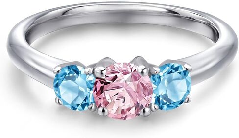 Gem Stone King 1.21 Cttw Pink Lab Grown Diamond and Swiss Blue Topaz 3-Stone Engagement Ring For Women | 925 Sterling Silver | Round 5MM | Gemstone Birthstone | Size 5, 6, 7, 8, 9 in Kuwait