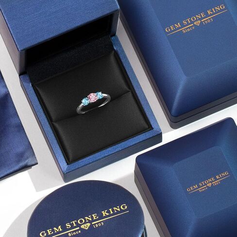 Gem Stone King 1.21 Cttw Pink Lab Grown Diamond and Swiss Blue Topaz 3-Stone Engagement Ring For Women | 925 Sterling Silver | Round 5MM | Gemstone Birthstone | Size 5, 6, 7, 8, 9 in Kuwait