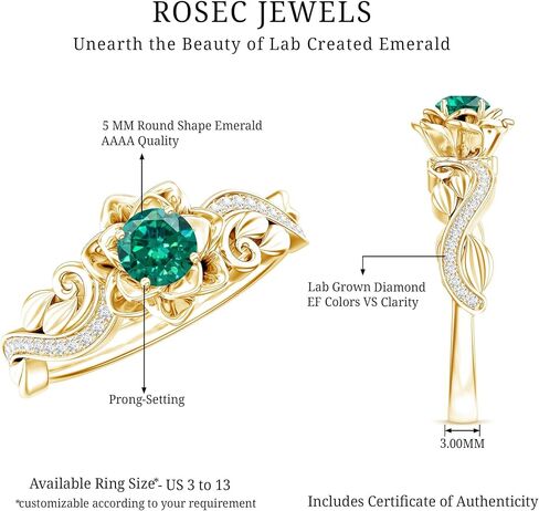 Certified Lab Grown Emerald Rose Flower Engagement Ring in Silver, Aaaa Quality, Emerald Diamond Ring - Ready To Gift in Kuwait