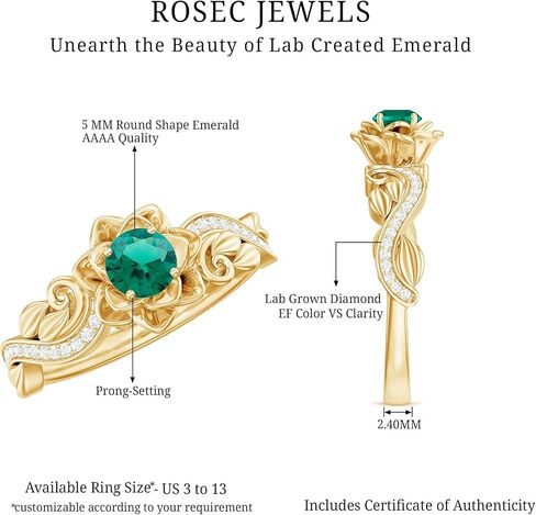 Certified Lab Grown Emerald Rose Flower Engagement Ring in Silver, Aaaa Quality, Emerald Diamond Ring - Ready To Gift in Kuwait