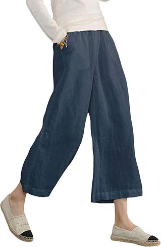 Zaswen Cotton Linen Cropped Pants for Women Loose Fit Wide Leg Capri Pants Plus Size Casual Palazzo Trousers with Pockets in Saudi Arabia