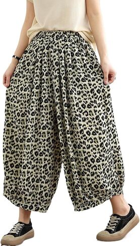 Women's Polka Dot Harem Pants, Black and White, Elastic Waist, Wide Leg Cropped Trousers with Pockets in Kuwait