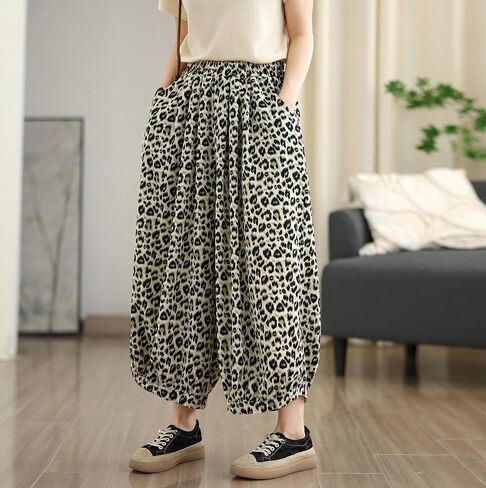 Women's Polka Dot Harem Pants, Black and White, Elastic Waist, Wide Leg Cropped Trousers with Pockets in Kuwait