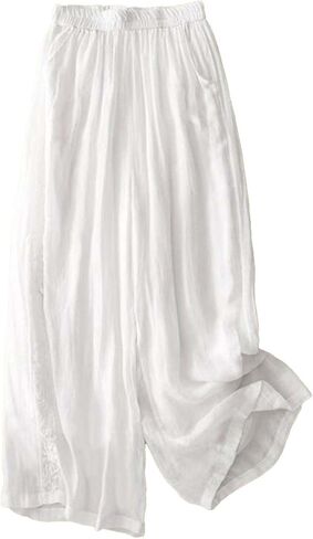Women's Floral Embroidered Pants Cotton High Rise Wide Leg Baggy Cotton Palazzo Pant Cute Straight Leg Trousers in Kuwait
