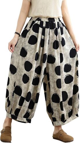 Women's Polka Dot Harem Pants, Black and White, Elastic Waist, Wide Leg Cropped Trousers with Pockets in Kuwait