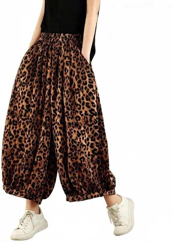 Women's Polka Dot Harem Pants, Black and White, Elastic Waist, Wide Leg Cropped Trousers with Pockets in Kuwait