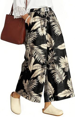 TARSE Womens Wide Leg Linen Capri Pants Summer Elastic Waist Palazzo Trousers Bottoms with Pockets in Saudi Arabia