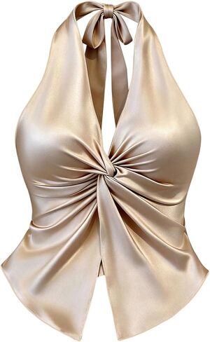 SHENHE Women's Satin Halter Crop Top Twist Knot V Neck Tie Back Slim Fit Club Party Cami Top in Kuwait