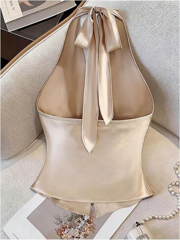 SHENHE Women's Satin Halter Crop Top Twist Knot V Neck Tie Back Slim Fit Club Party Cami Top in Kuwait