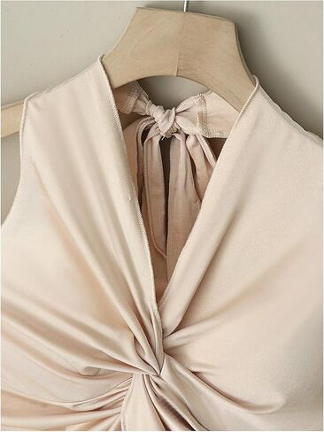 SHENHE Women's Satin Halter Crop Top Twist Knot V Neck Tie Back Slim Fit Club Party Cami Top in Kuwait