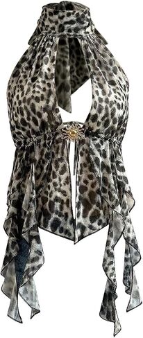 BEAUDRM Women's Cheetah Print Top Y2K Rave Leopard Ruffle Halter Tops Summer Vacation Going Out Tops Festival Concert Outfits in Saudi Arabia