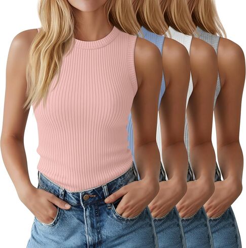 4 Pack Women's Ribbed Tank Tops 95% Cotton Crew Neck Sleeveless Tops Casual Summer Fitted Tanks Basic Cami Shirts in Kuwait