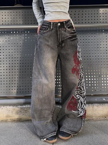 Women's Embroidered Baggy Jeans Y2k Wide Leg Jeans Hip Hop Loose Fit Denim Pants Skater in Kuwait
