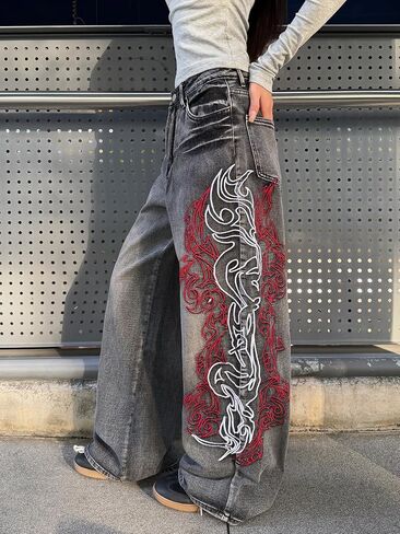 Women's Embroidered Baggy Jeans Y2k Wide Leg Jeans Hip Hop Loose Fit Denim Pants Skater in Kuwait