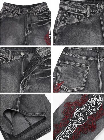 Women's Embroidered Baggy Jeans Y2k Wide Leg Jeans Hip Hop Loose Fit Denim Pants Skater in Kuwait