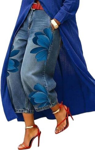 Floral Jeans for Women Spring Summer Cropped Print Wide Leg Boho Barrel Denim Loose Trendy Jeans with Pockets in Saudi Arabia