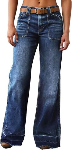 Wide Straight Leg Stretchy Jeans for Women Mid High Waisted Baggy Denim Pants with Deep Pockets. in Kuwait