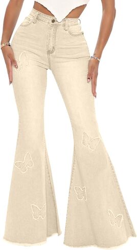 shengfan Women's Skinny Bell Bottom Jeans Elastic High Waisted Flared Jeans Raw Hem Wide Leg Denim Pants 70s Outfits in Saudi Arabia
