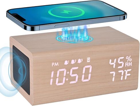 Wooden Digital Alarm Clocks,10W Wireless Charging with 3 Alarms, Dual 5W Stereo Bluetooth Speaker and Light Up with Sound, Adjustable Brightness Date Display Clock for Bedroom, Heavy Sleepers Adults in Kuwait