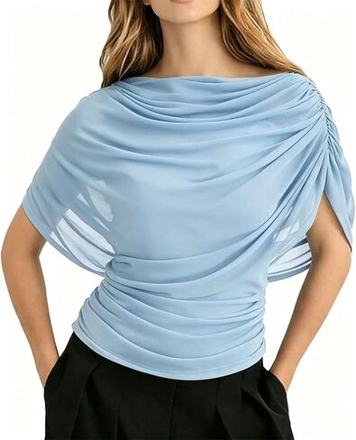 Women Y2k Half Cape Sleeve Ruched Blouse Trendy Slim Fit Draped Boat Neck Mesh Patchwork Cinched Waist Pullover in Saudi Arabia