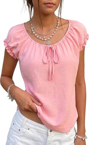 KIFOVEN Women's Ruffle Short Sleeve Scoop Neck Tie Back Casual Blouse Tops in Saudi Arabia