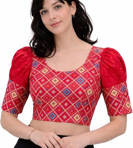 Women's Printed Strechable Saree Blouse with Puff Sleeves, Round Neck, Diamond Pattern in Kuwait