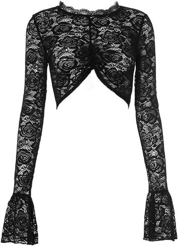 Women's Black Floral Lace Mesh See Through Crop Top Sexy Sheer Long Sleeve Top Blouses Cut Shirt in Saudi Arabia