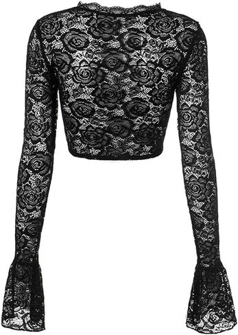 Women's Black Floral Lace Mesh See Through Crop Top Sexy Sheer Long Sleeve Top Blouses Cut Shirt in Saudi Arabia
